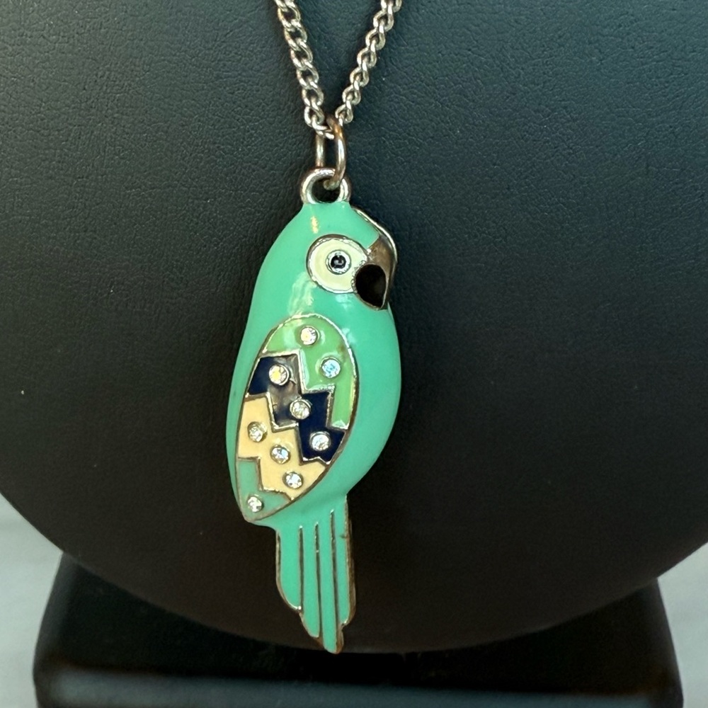 Teal Turquoise Enamel Bird Parrot Pendant Necklace Silver Tone